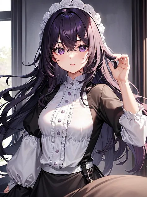 ((Highest quality)), One Woman, Highest quality, masterpiece,黒hair, Purple eyes,Black clothes, front, Upper Body,hair,Fair skin,長いhair、Curly Hair、White blouse、clear、beautiful、adult、Beauty