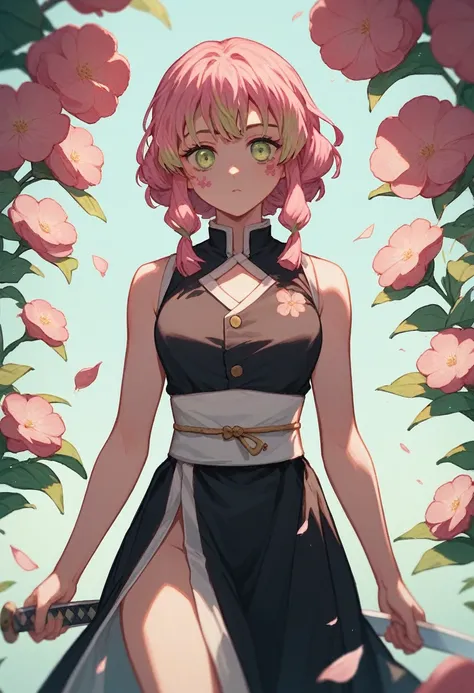 Mitsuri(Demon slayer), 1 girl, Kanroji Mitsuri, pink hair with green highlights,black dress marking the body holding a sword with flowers ( big boobies