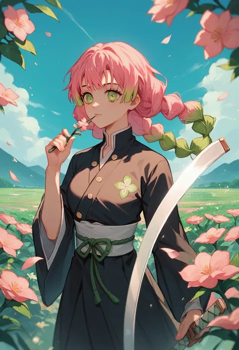 Mitsuri(Demon slayer), 1 girl, Kanroji Mitsuri, pink hair with green highlights,black dress marking the body holding a sword with flowers ( big boobies