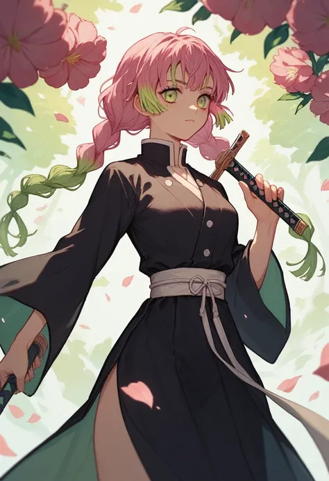 Mitsuri(Demon slayer), 1 girl, Kanroji Mitsuri, pink hair with green highlights,black dress marking the body holding a sword with flowers ( big boobies