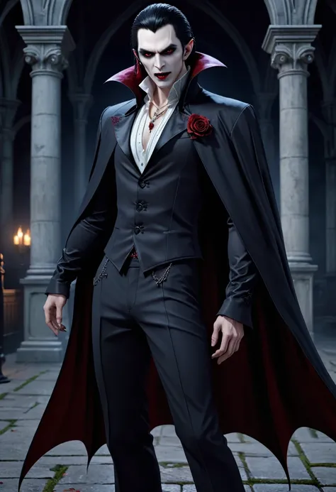 high quality 8k resolution, detailed and haunting, best quality, masterpiece, photorealistic, ultra-detailed, vampire, male, cunning, full body, anime