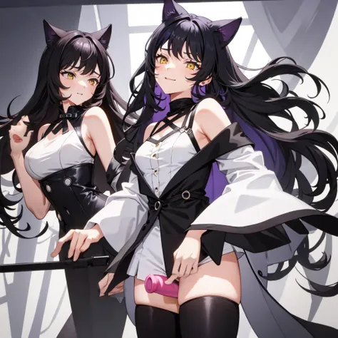 belladonna、cat's ears、1girl in、solo、length hair、middlebreasts、a dark-haired、yellow  eyes、a smile、is standing、dynamicposes、8k、​ma...