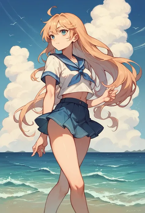 1 girl,Alone,blue sky, ocean, Short skirt, (very detailed background:1.0), (very detailed background:1.0),