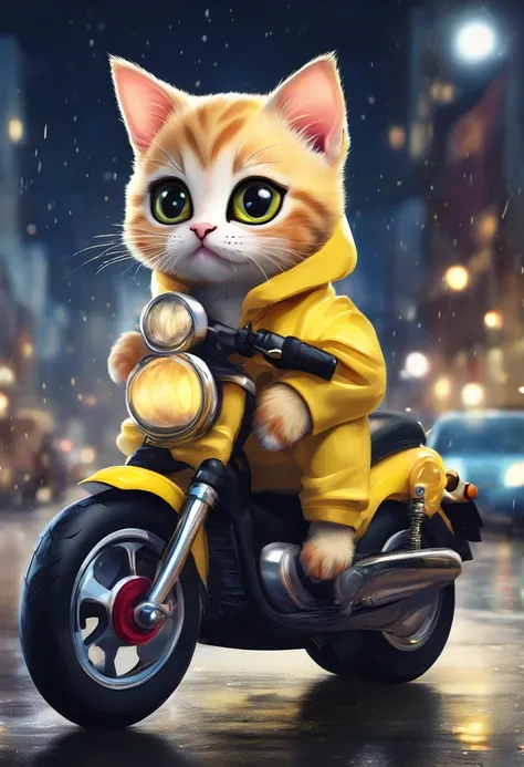 Hyper-realistic digital illustration featuring a kitten with large, expressive eyes, wearing a yellow raincoat and helmet, riding a tiny yellow motorcycle, set against a blurred nighttime city street with warm bokeh lights, creating a whimsical and detaile...