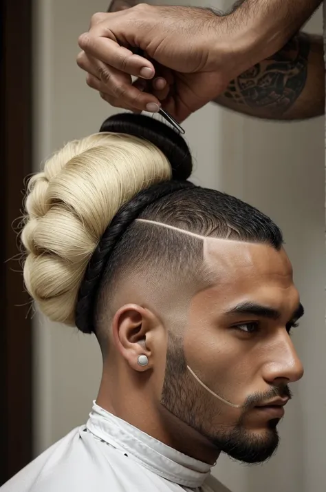 Man with tonsure on top of head (calvitie) qui réussit a dissimuler sa calvitie avec un man brun (hair bun) mohawk style (around the ears shaved clean