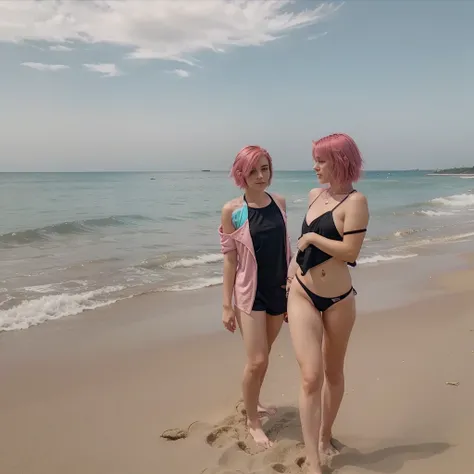 girl 21 years old, short shoulder-length pink hair, pink hair, bikini outfit, black bikini. he keeps his hands in front, his hands are not visible