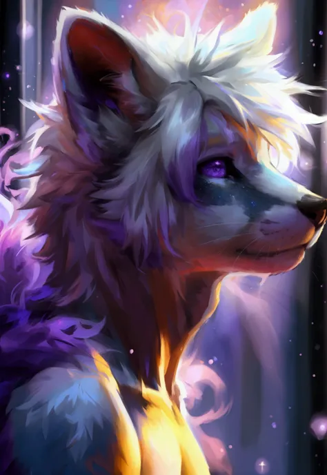 Furry male topless galaxy design, purple and white fur design complex design (high quality,4k,8k,highres,masterpiece), ultra-detailed, impressionistic:colorful,