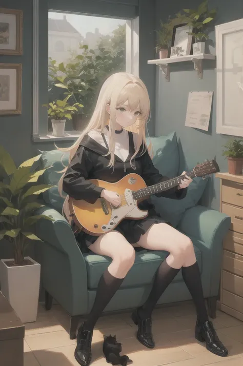 Pastor 1, guitar, musical instrument, One girl, alone, indoor, plant, Cat, potted plant, electric guitar, window, Sitting
