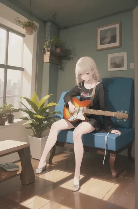 Pastor 1, guitar, musical instrument, One girl, alone, indoor, plant, Cat, potted plant, electric guitar, window, Sitting
