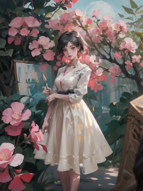 A woman in a white dress standing in front of a tree with pink flowers and a blue sky,Yoshida Chizuko,rossdraws Global Illumination,Detailed painting,