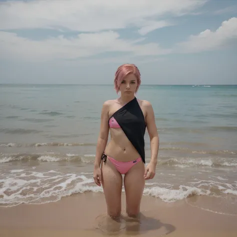 girl 21 years old, short shoulder-length pink hair, pink hair, bikini outfit, black bikini. he keeps his hands in front, his hands are not visible