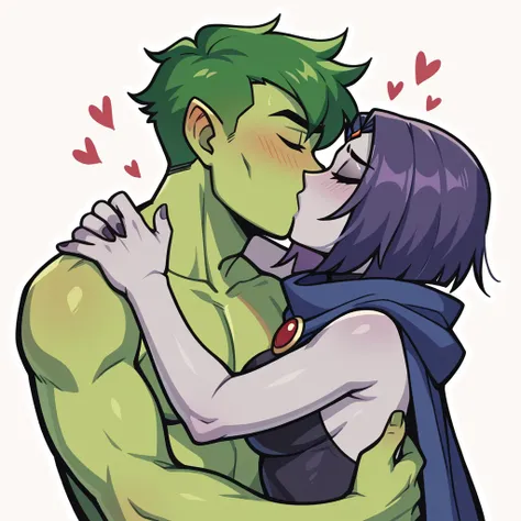 score_9_presence, score_8_up, 1girl, Raven, 1boy, Beast Boy, together, in love, kissing