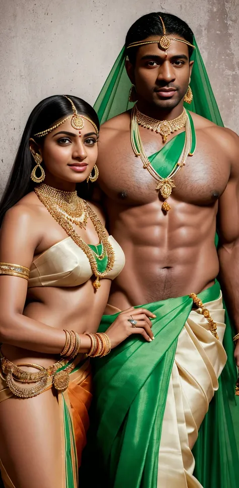 Realistic photo of interacial couple,a beautiful young white indian naked woman wearing full sized traditional green saree and a muscular black man with his big black cock, nude photoshoot in a studio, realistic photo, white background,((Indian white skin ...