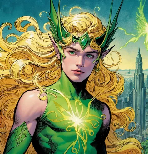 American classic comics art: Enchantress young man, very young man ethereal delicate, long bright yellow blond hair with beautiful waves, green helmet tiara on his forehead, strong-green sleeveless enchanting wizard outfit delicate, long gloves, covered ne...