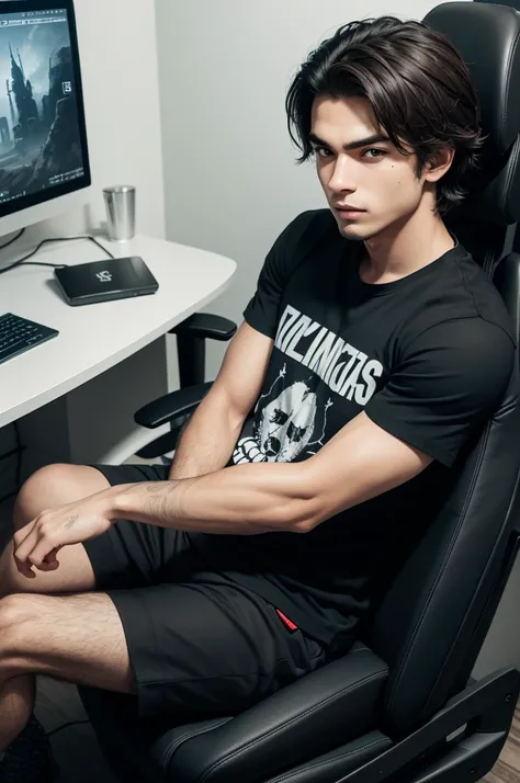 A character sitting on a gaming chair, with a black shirt with the name of "indio brabo" 