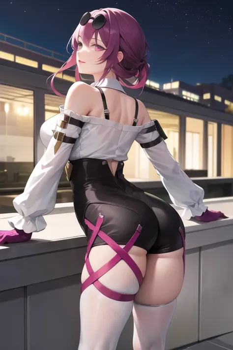 masterpiece, best quality, highres, aakafka, sunglasses, eyewear on head, harness, shoulder cutout, white shirt, collared shirt, long sleeves, white sleeves, purple gloves, black shorts, thigh strap, pantyhose, from behind, looking at viewer, standing, nig...