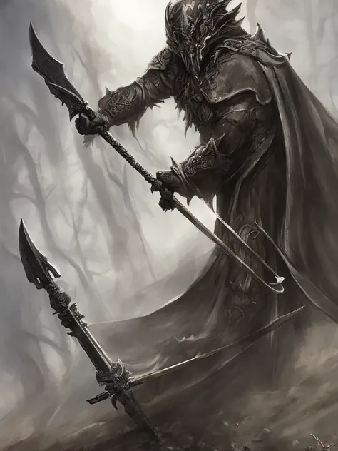 An intricate depiction of the Grim Reaper holding a sword, wearing dark armor, horror concept art, dark fairytale atmosphere, Johan Grenier style, Alyssa Monks style