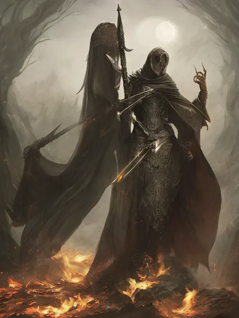 An intricate depiction of the Grim Reaper holding a sword, wearing dark armor, horror concept art, dark fairytale atmosphere, Johan Grenier style, Alyssa Monks style