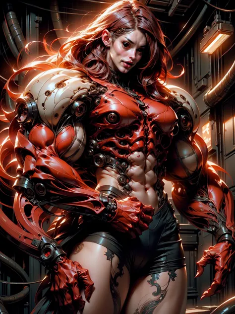 (1 girl), (megan fox), young girl, carnage muscular physique, seductive face, mouth wide open carnage style, long red hair, perfect muscular body, super skinny legs, cybernetic muscle suit, sissy, femboy, (carnage style physique),Fixhand, E-Girls_Mansion_Y...