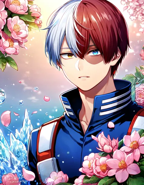 Ultra detailed, highres, absurdres, HDR, master piece, Todoroki Shouto, bicolor hair, right side is white, left side is red, heterochromia, right eye is grey, left eye is blue, Boku No Hero Academia, fantasy, pink petals, water, pink flowers, handsome, sex...