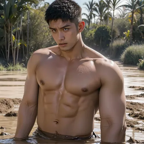 shirtless muscular man, sinks in a mud pit down to his shoulders, mud smudged on his toned chest and face to emphasize context of struggling to get out of the mud pit, determined face expression, 