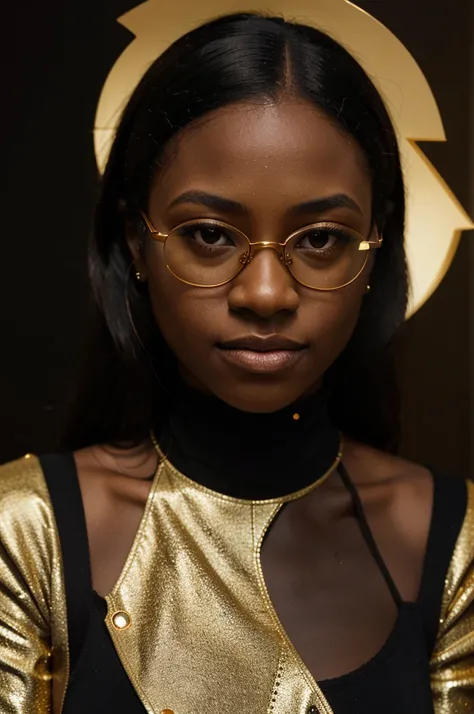  black woman with gold diamonds glasses , 4:3, photo 12k resolution hash flash lighting, shot on ALEXA 65, Velvia 100 , underexposed, Voigtlnder Nokton 50mm f1.1, in the style of Martin Nikon Z 8 with Zoom Lens | with 24-120mm