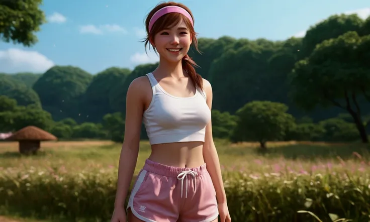 realisitic, 1girl, (Detailed texture skin, ultra-detailed body), atmospheric scene, Masterpiece artwork, best qualityer, (cinematic light), 独奏, diaphragm, ssmile, へそ, white top, chestnut hair, chemise, ssmile, plein-air, standing , [[Pink belt]],[sports sh...