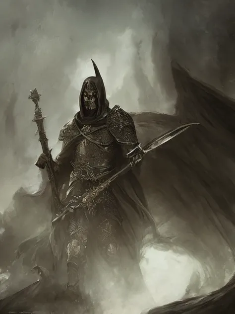 Close-up of the Grim Reaper as a handsome but creepy knight, wearing intricate dark armor, horror concept art, dark fairytale atmosphere, Johan Grenier style, Alyssa Monks style