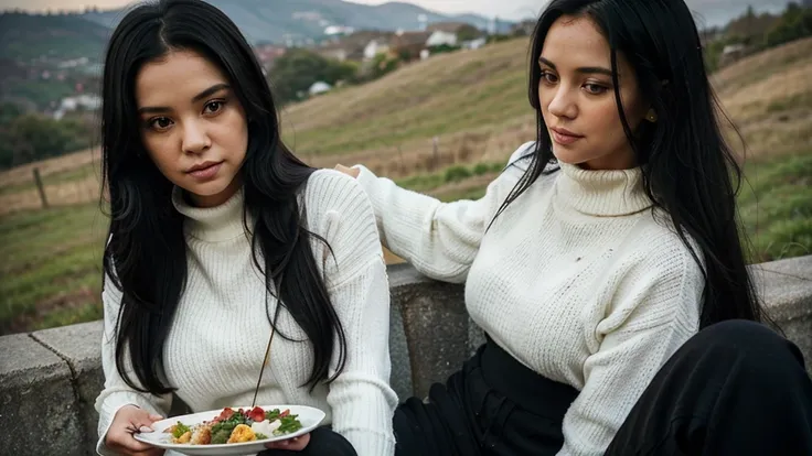 a girl(who is wearing white highneck sweater and black pant, long black hair ) is serving food to an old women with a plate of food in both of her hand, side pose,more realistic, background green hills, evening scene