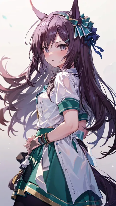 masterpiece, best quality, highres, ccsuzuka, long hair, animal ears, ear covers, white hairband, horse tail, white shirt, green ribbon, short sleeves, blue skirt, black pantyhose,((vaginal,sex))