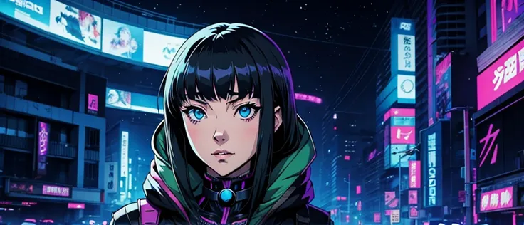 anime girl, front photo, Anime Phonk Brain Sick, cyberpunk black, head, winter clothes, futurist, Vibrant, mysterio