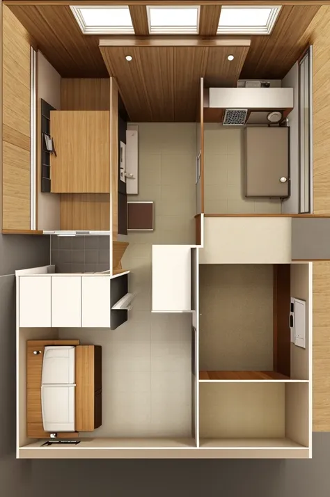 Create a one room design top view of 3 beds an attached bathroom and 3 cupboards for each of 3 person 