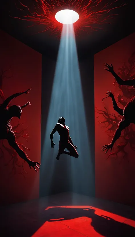 digital illustration, featuring a lateral angle of a centered silhouetted man figure Suspended in mid-air in fetal position. In the background a red wall a wall from which arms of dark creatures come out trying to reach the man. A beam of bright, white lig...