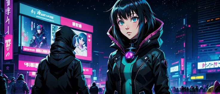 anime girl, front photo, Anime Phonk Brain Sick, cyberpunk black, head, winter clothes, futurist, Vibrant, mysterio