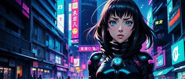 anime girl, front photo, Anime Phonk Brain Sick, cyberpunk black, head, winter clothes, futurist, Vibrant, mysterio