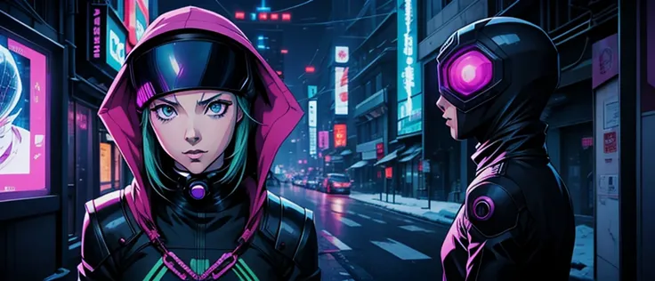 anime girl, front photo, Anime Phonk Brain Sick, cyberpunk black, head, winter clothes, futurist, Vibrant, mysterio