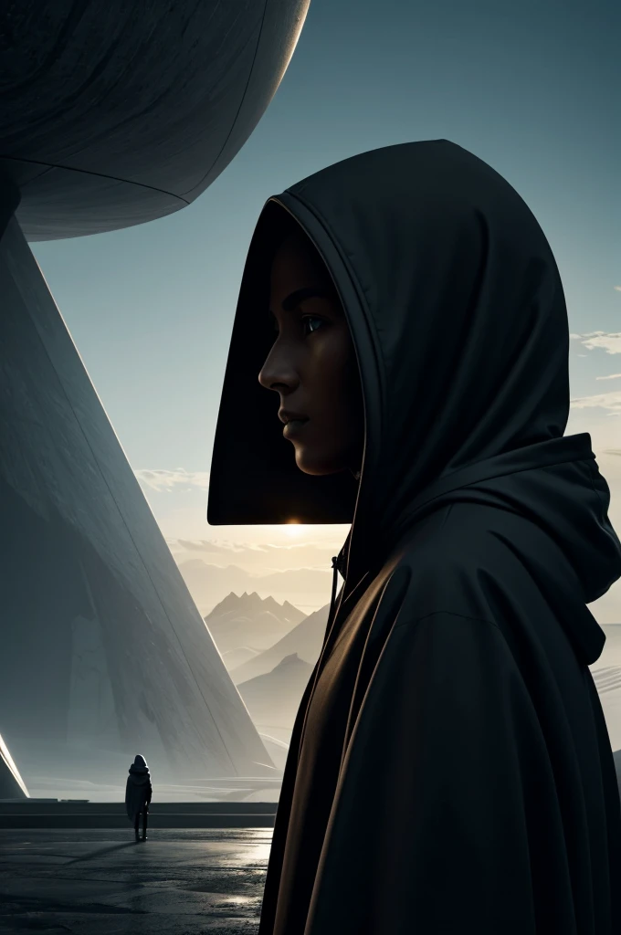 Hooded person looking at the futuristic architecture of an advanced civilization on another planet with dark color palette