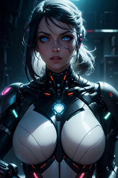 A futuristic cyborg woman, with detailed facial features, beautiful eyes and lips, long eyelashes, robotic mechanical body, Bright neon lights, advanced technology, cinematic lighting, dark atmospher, photorrealistic, 8K, highy detailed, conceptual artwork...