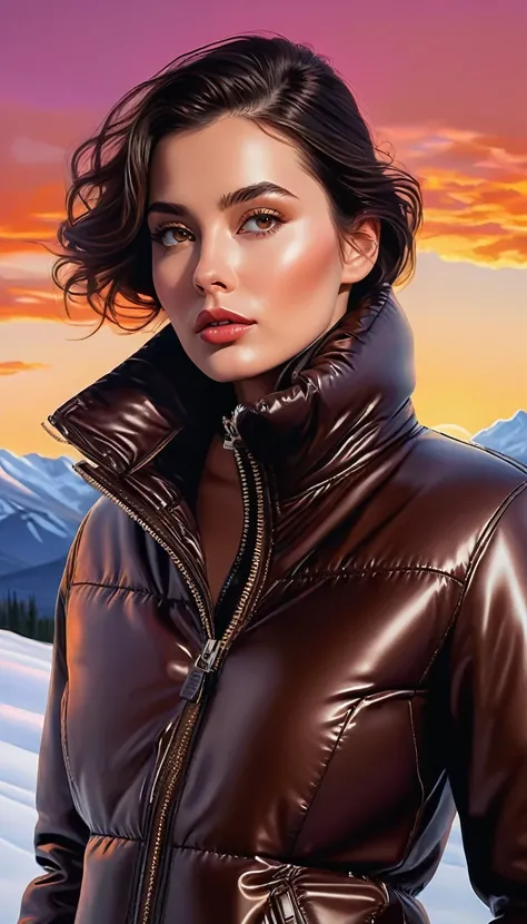 photorealism, upper body shot, a beautiful woman, (brown eyes) leather puffer down jacket & latex pants, leather choker, beautiful look, warm dreamy lighting, white background, volumetric lighting, Alaskan resort landscape sunset background, pulp adventure...