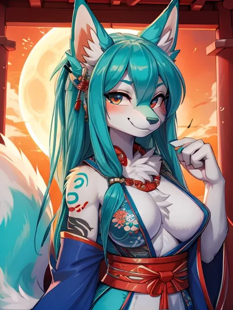 Miku Hatsune, add high definition_detail:1, blue fur,kitsune ears, tribal tattoo add_detail:1, showing off her beautiful figure, japanese shrine costume outfit, japanese magical shrine add_detail, Eclipse solar, smiling add_detail:1