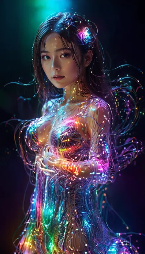 8K,RAW Photos,Highest quality,masterpiece,reality,Very detailed,Live Action,Very beautiful woman,Android,cyborg,cyber-,slim,Fusion of machines and organisms,((Very detailedな電子機器)),((Skin that clearly shows the internal electronics)),Very thin connecting wi...