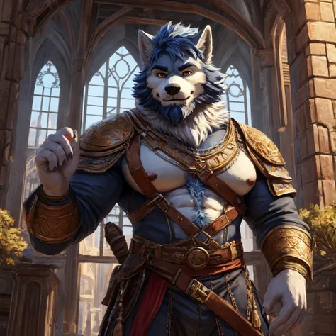 ((best quality)), ((masterpiece)), (Ultra detailed), ((4k)) Solo , Anthro Wolf , Light Blue Fur , Short Hair , Beard , Middle Ages , Big Pecs