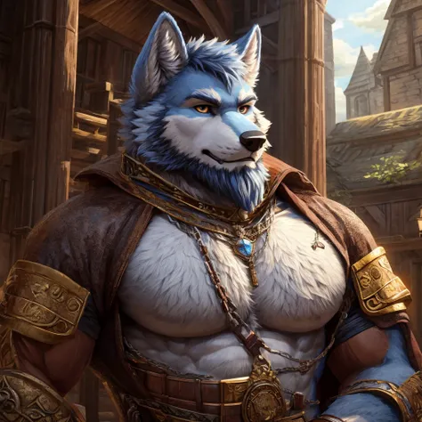 ((best quality)), ((masterpiece)), (Ultra detailed), ((4k)) Solo , Anthro Wolf , Light Blue Fur , Short Hair , Beard , Middle Ages , Big Pecs