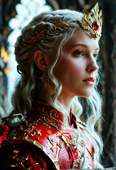 Princess Rhaenys Targaryen in her red armor played by Eve Best in side view with the golden crown of Viserys Targaryen on her head