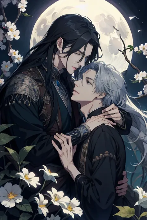 two men...., charm, lover, detailed eyes and face, long-haired, fantasy, great background, flapping flowers, moonlight, fantasy