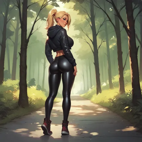 girl (Busty blonde) tight black leather leggings and a black hoodie,red hunter wellies, ponytail hair, standing on on road in the forest, don&#39;t show your face, big ass, Focused on the whole body from behind.,  standing, looking in front of her naked 