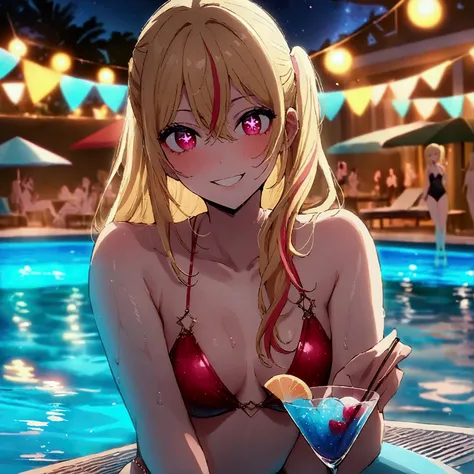 night pool, luxurious pool party venue with a large crowd, hoshinoruby, star-shaped pupils, ruby_hoshino, idol, blonde hair, ban...