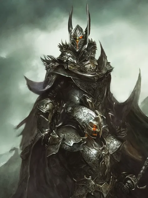 Close-up of a handsome but creepy knight from hell, on a battlefield, wearing intricate dark armor, horror concept art, dark fairytale atmosphere, Johan Grenier style, Alyssa Monks style