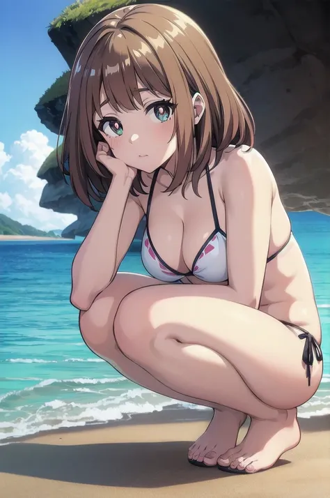 Ochako Uraraka brown pupils shoulder length hair squatting on the beach with a bikini in the background you can see the sea the waves blue sky sunny day