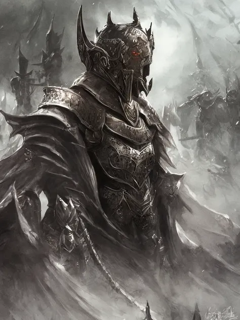 Close-up of a handsome but creepy knight from hell, on a battlefield, wearing intricate dark armor, horror concept art, dark fairytale atmosphere, Johan Grenier style, Alyssa Monks style